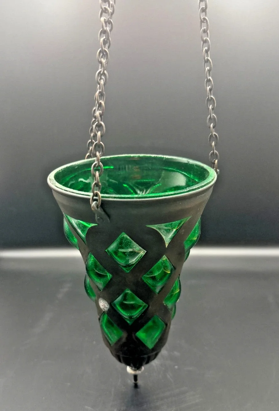 Hanging Metal Orthodox Sanctuary Vigil Lamp Candle Holder Emerald Green Diamond
